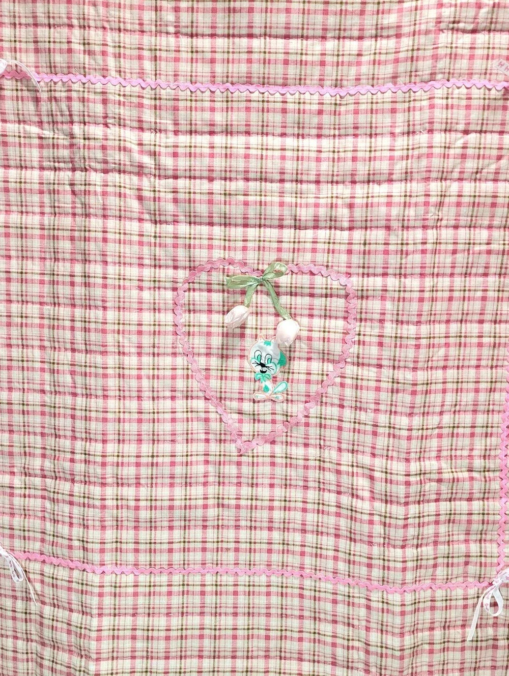 Hand Stitched Baby Quilt Pink Plaid 43x43 Whole Cloth